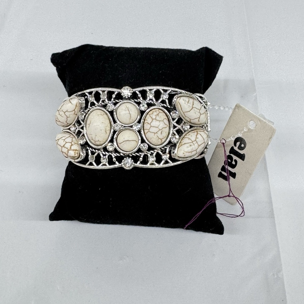 Elah Stretch Bracelet Lacy Antiqued Silvertone Natural Color Stone Aztec Western
